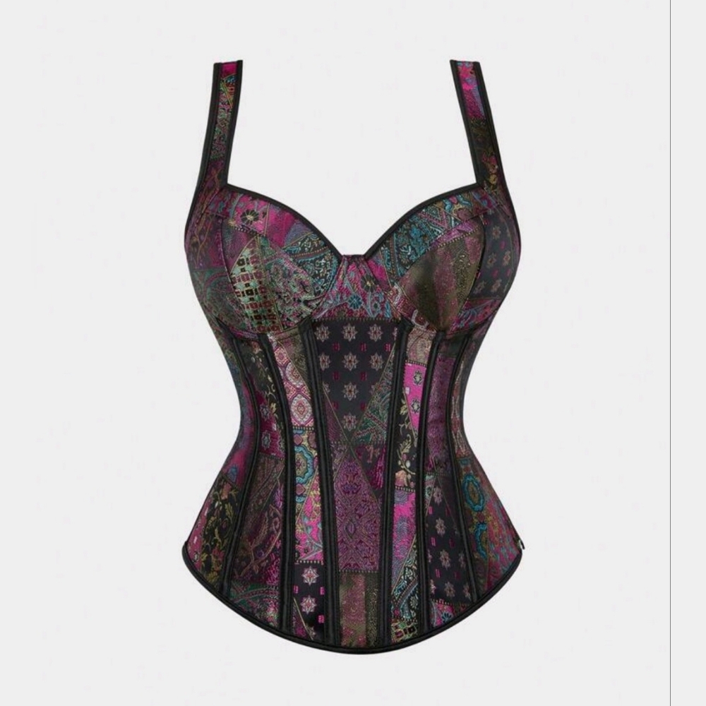 NWT Patchwork Multicolor Floral Jacquard Lace Up Corset SZ L - Picture 8 of 15